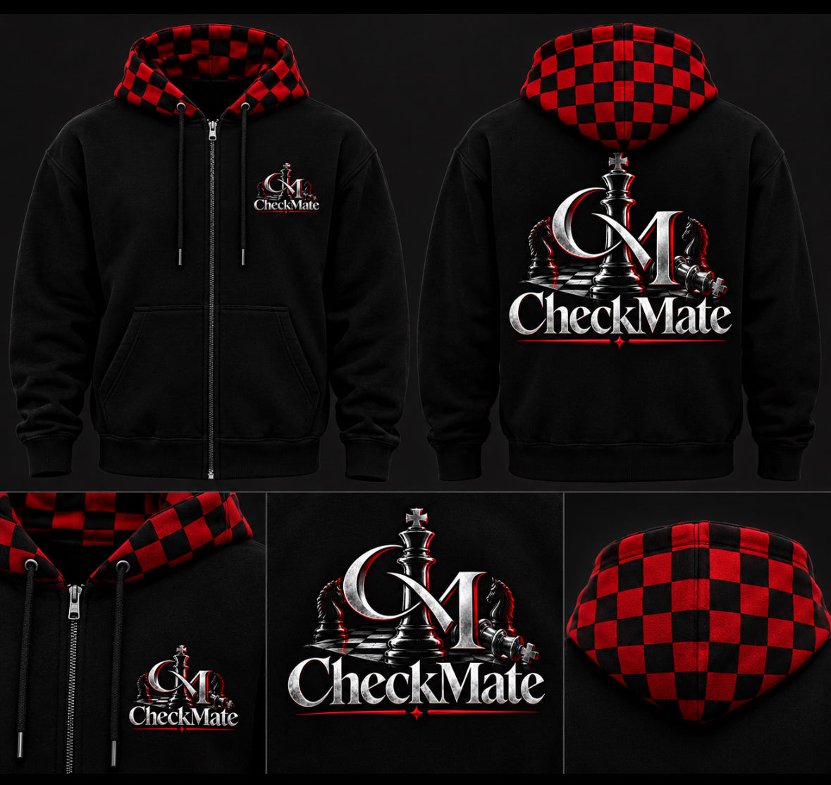 Black And Red Checkerboard Zip-Up Hoodie