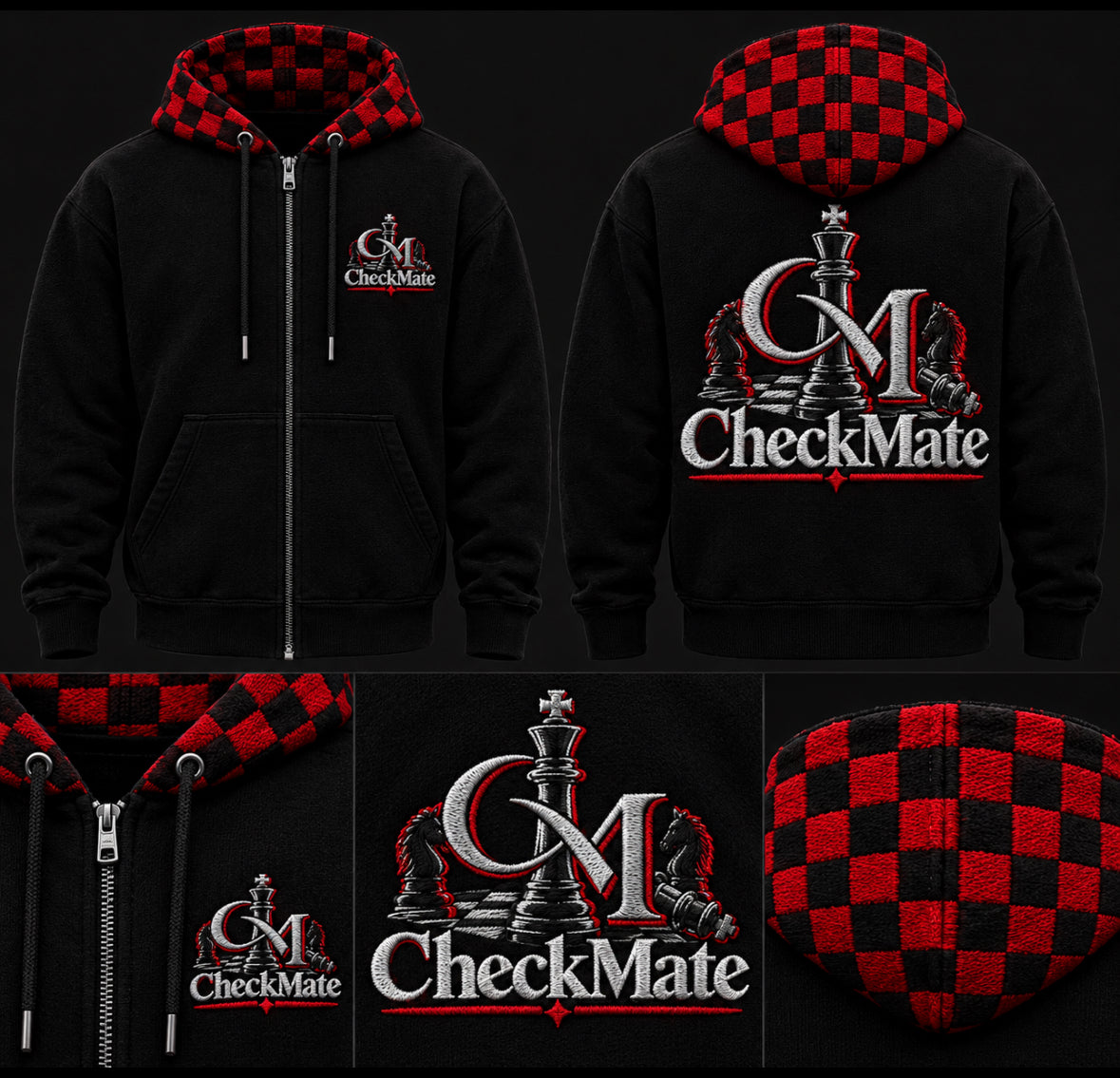 Embroidery Black and Red Checkerboard Zip-Up Hoodie